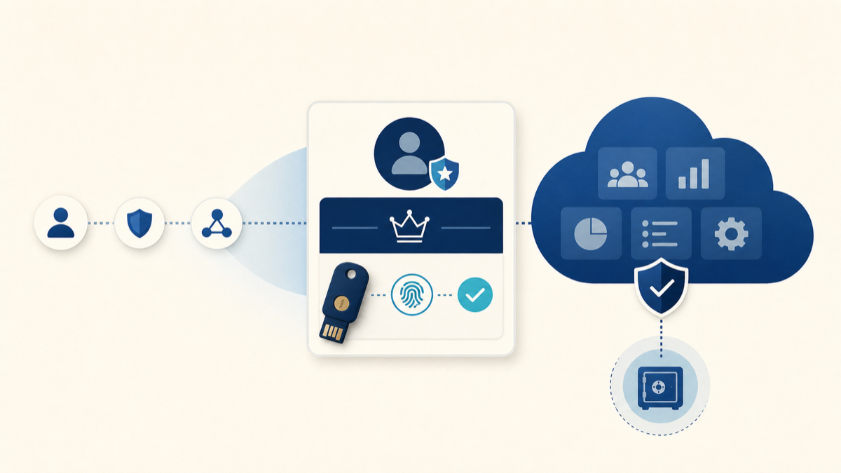Editorial illustration of a privileged Salesforce administrator access card protected by a security key, biometric check and secure cloud connection