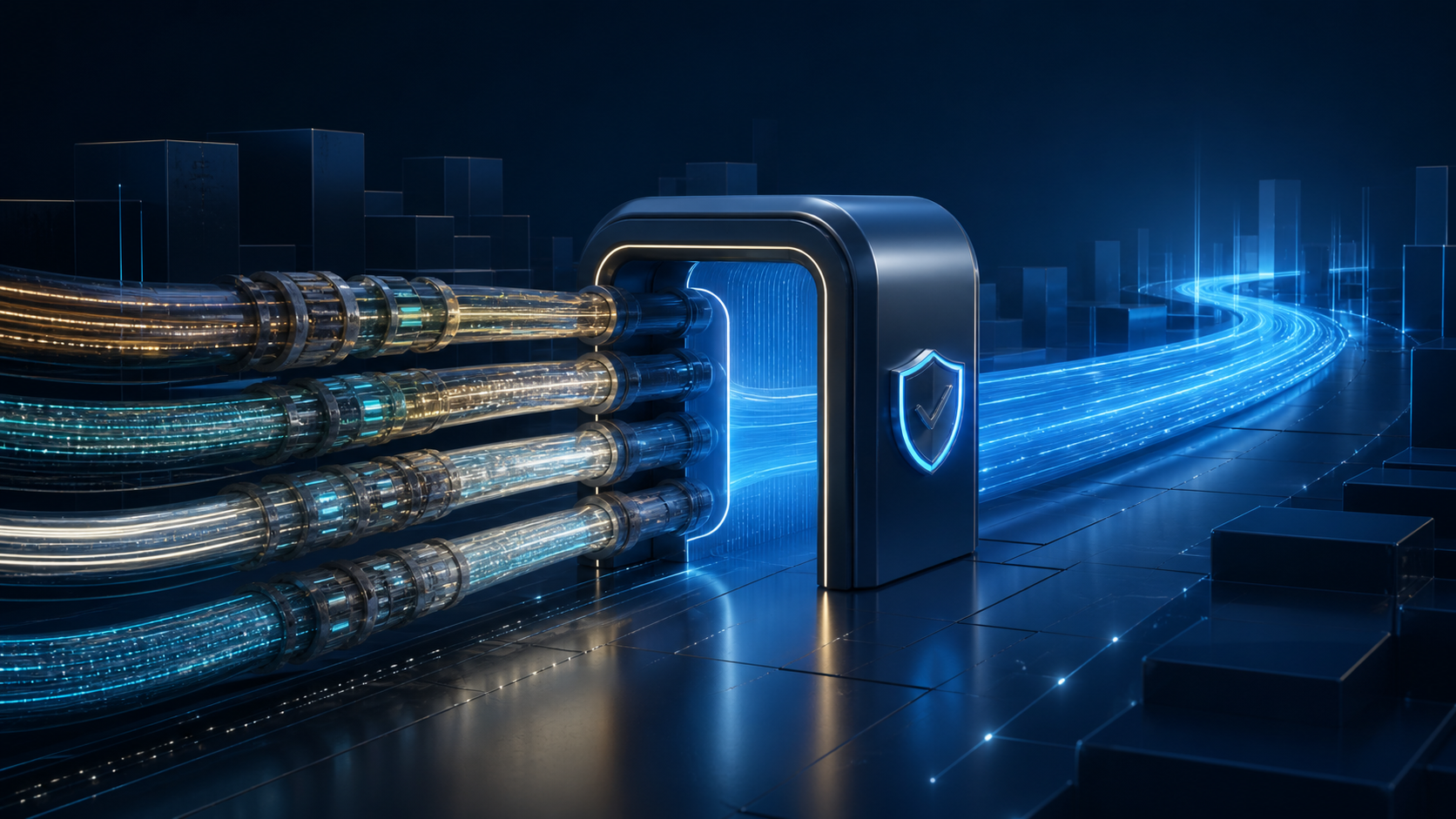 Dark navy enterprise illustration of several established data connections passing through a modern controlled gateway