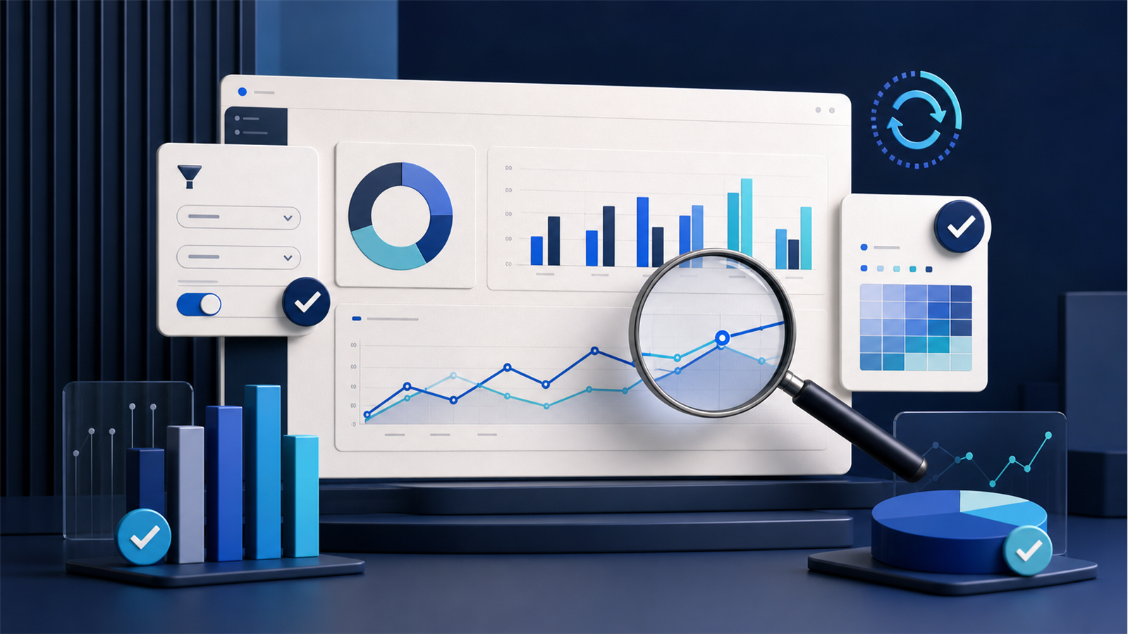 Blue and off-white editorial illustration of analytics dashboards being checked with filters, refresh controls, verification marks and a magnifying glass