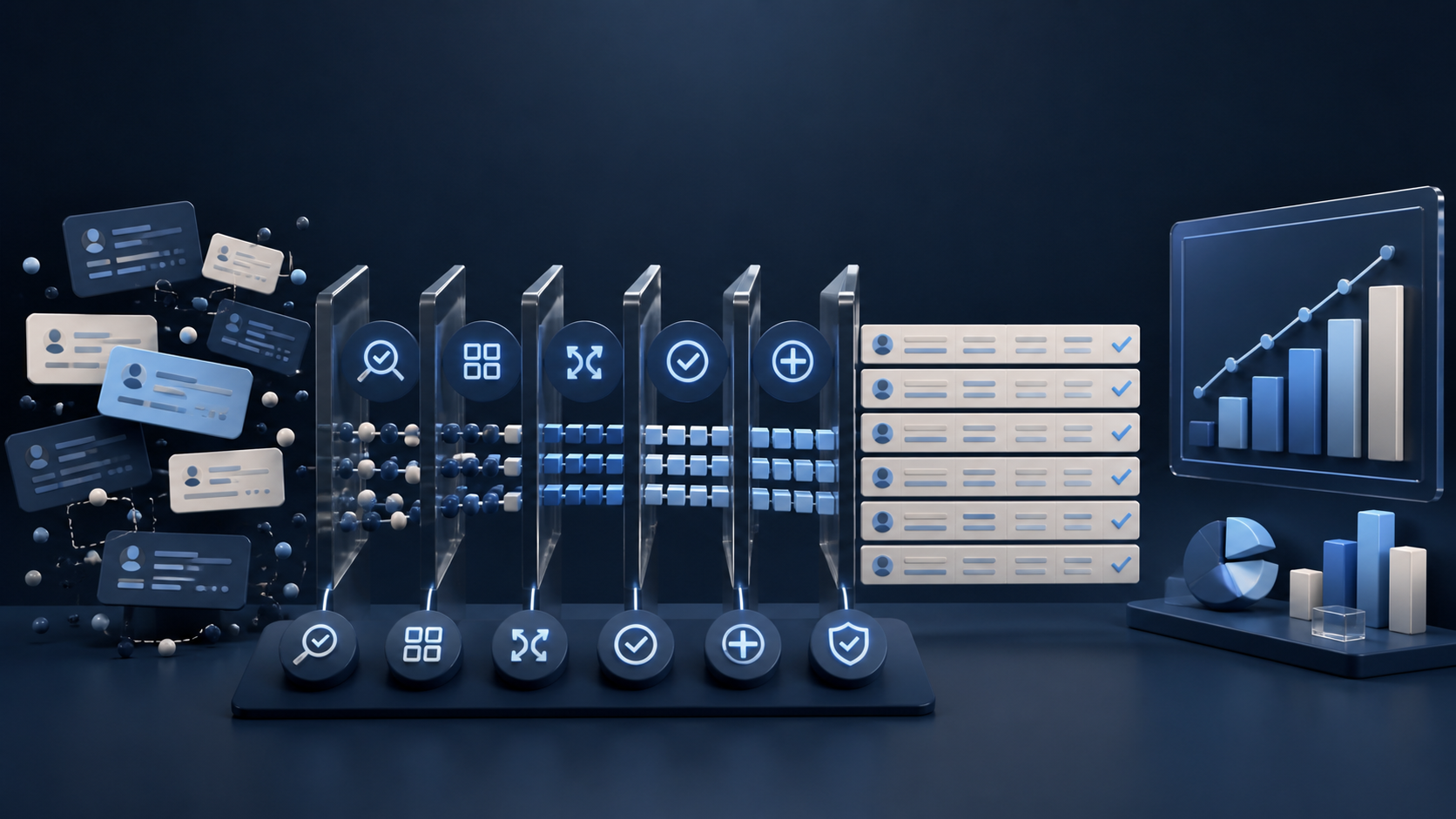 Dark navy, blue and off-white editorial illustration of inconsistent CRM records becoming clean data and a reliable chart