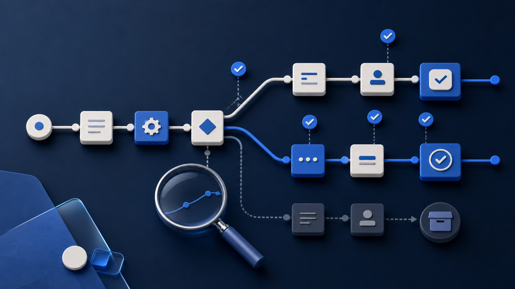 Dark navy, blue and off-white editorial illustration of an automation flow being inspected, verified and maintained