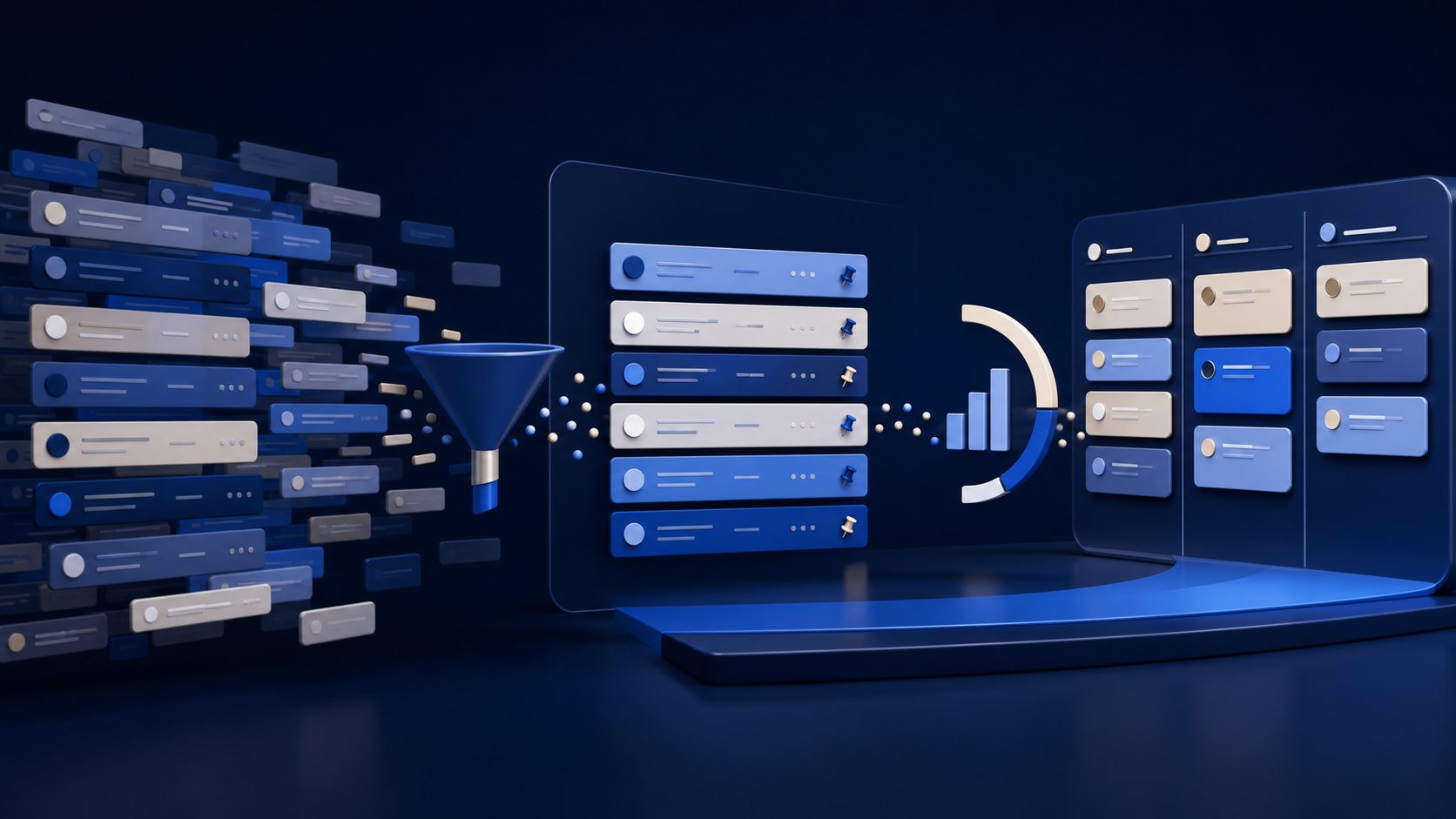 Dark navy, blue and off-white editorial illustration of cluttered record rows becoming a clear filtered list and organised board