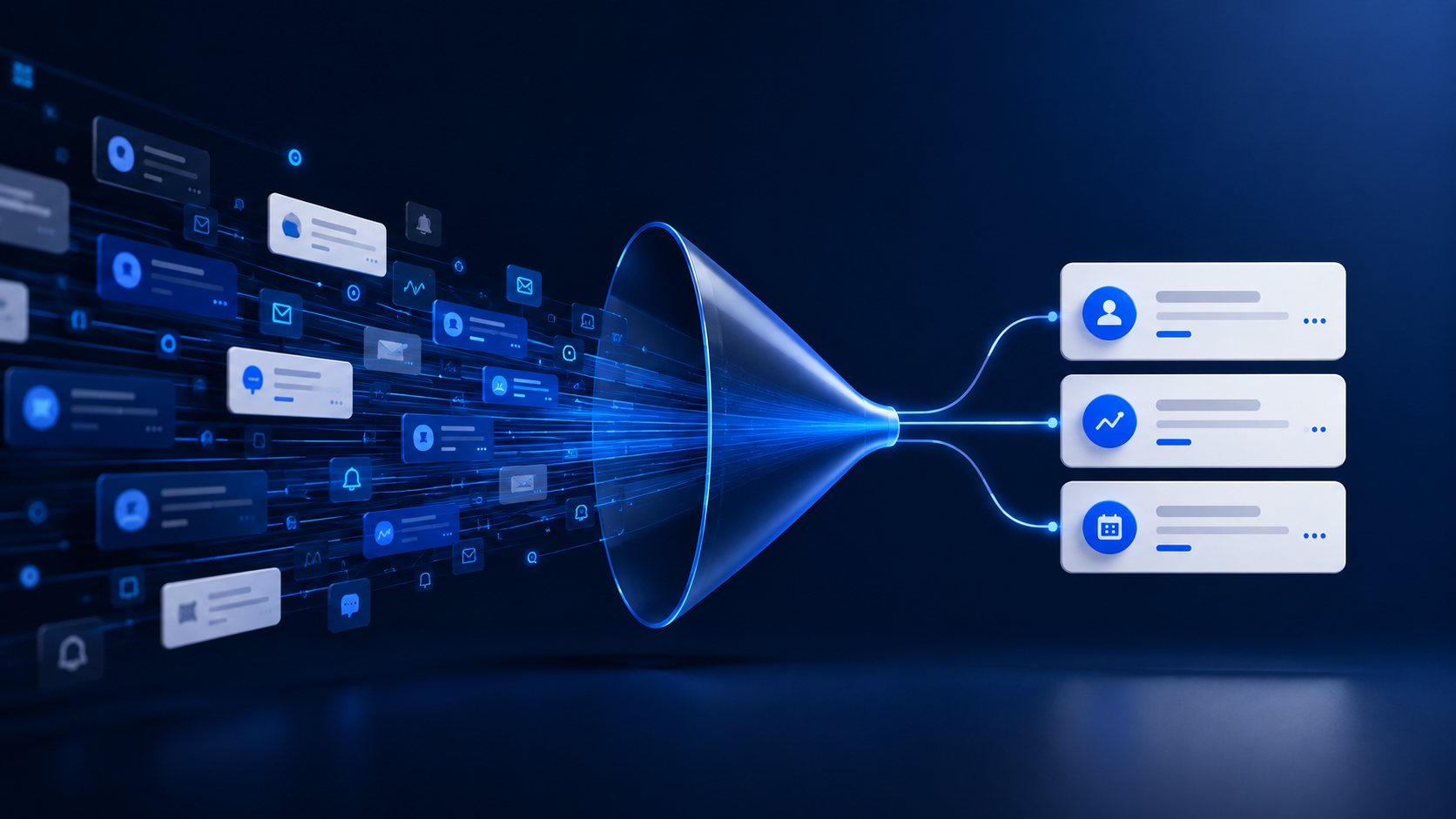 Dark navy and blue editorial illustration showing a busy stream of CRM alerts filtered into three clear priority notifications