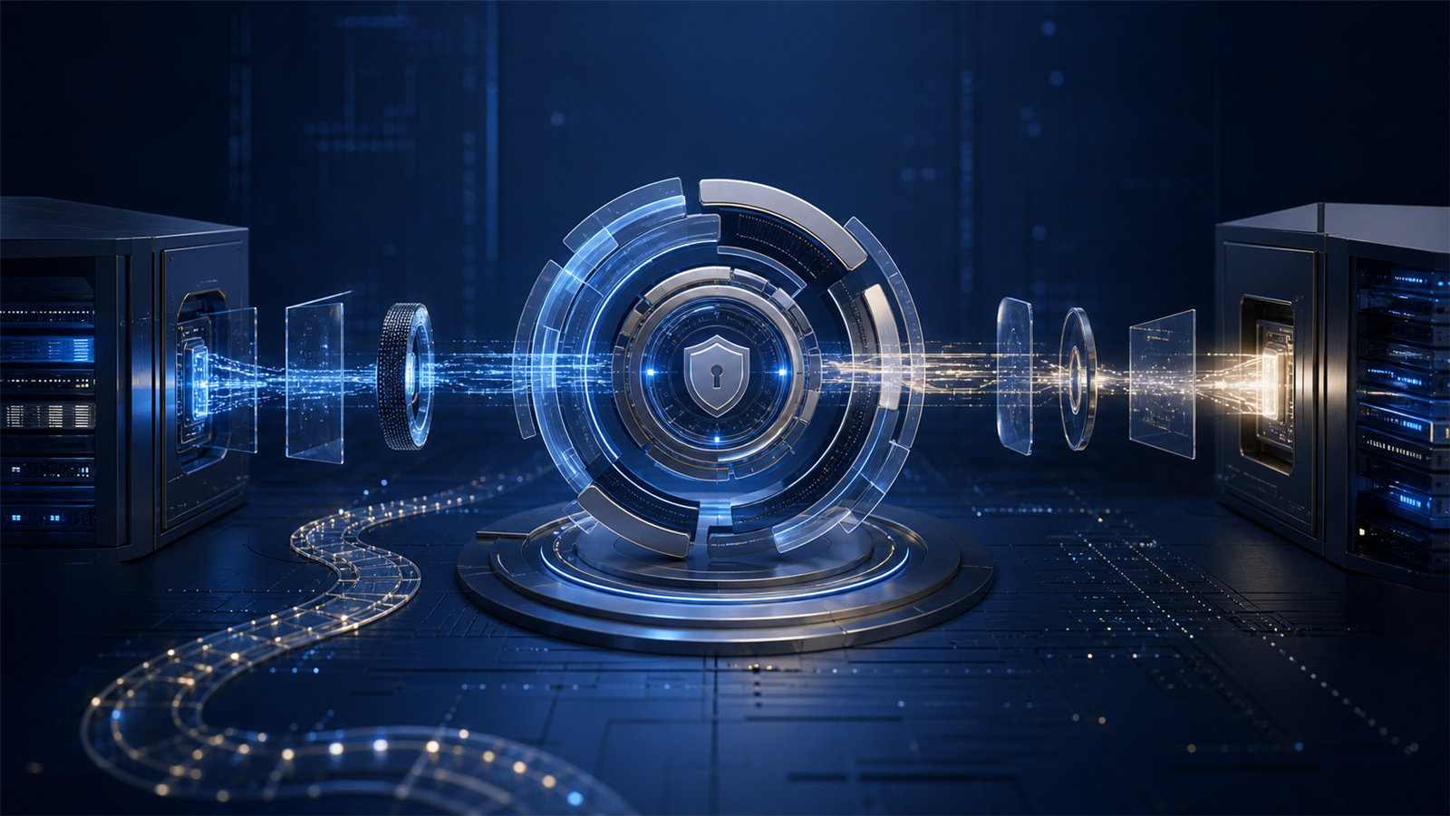 Dark navy and blue editorial illustration of two enterprise systems exchanging secure credentials through a layered circular gateway