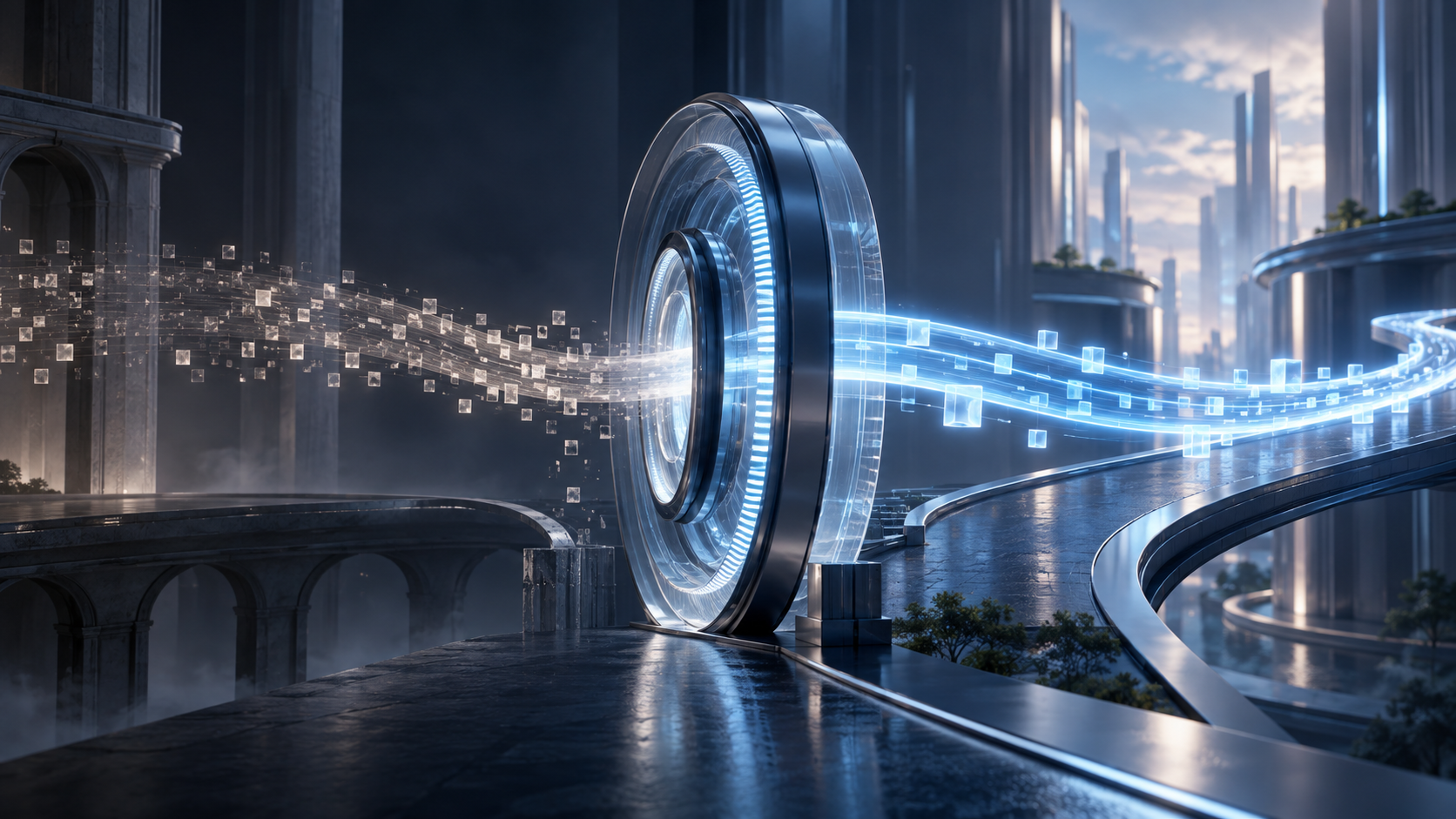 Dark navy enterprise illustration of an exposed data route fading as a protected route passes through a secure gateway