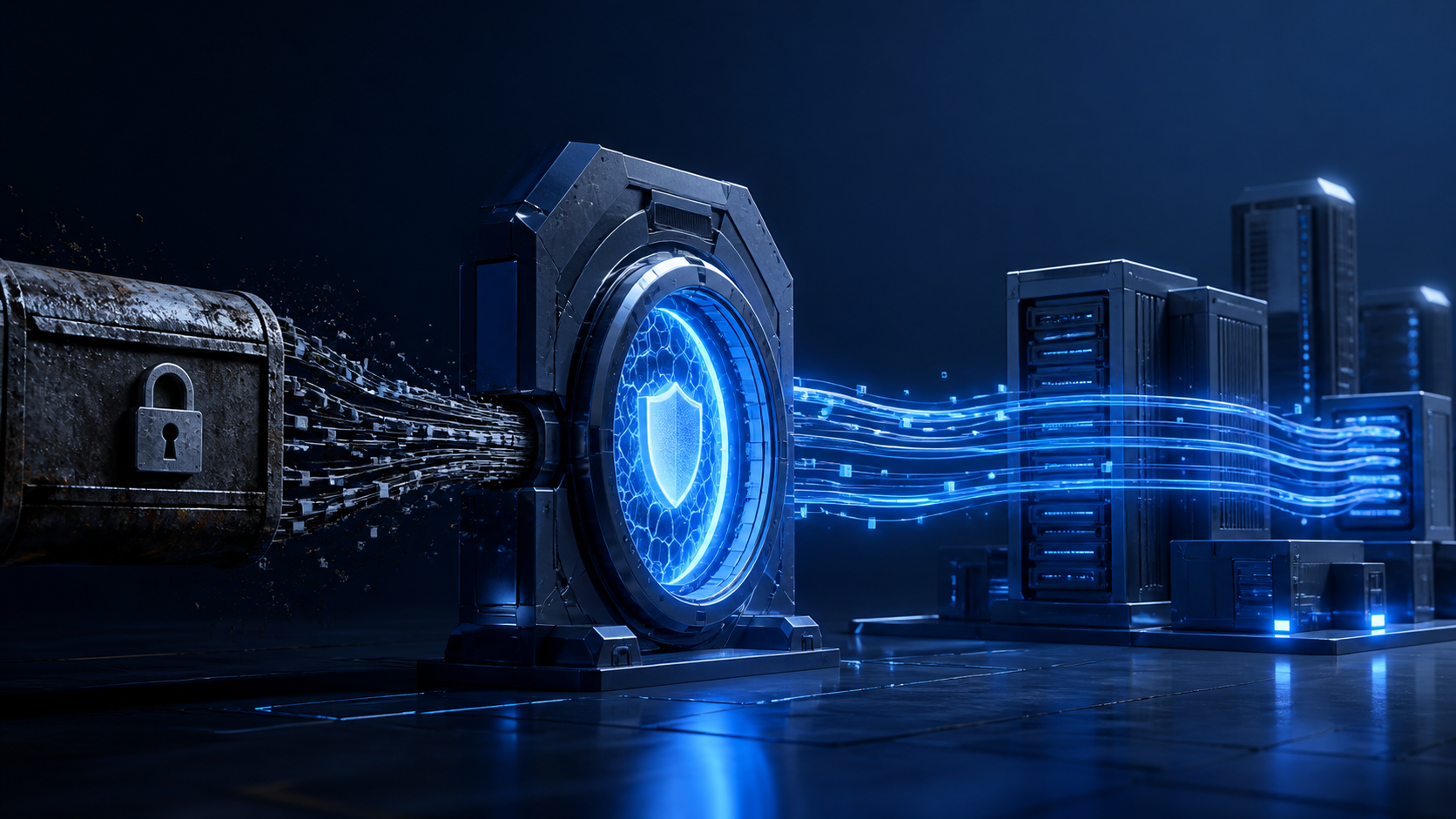 Dark navy and blue enterprise illustration of an old credential connection ending at a modern controlled authentication gateway