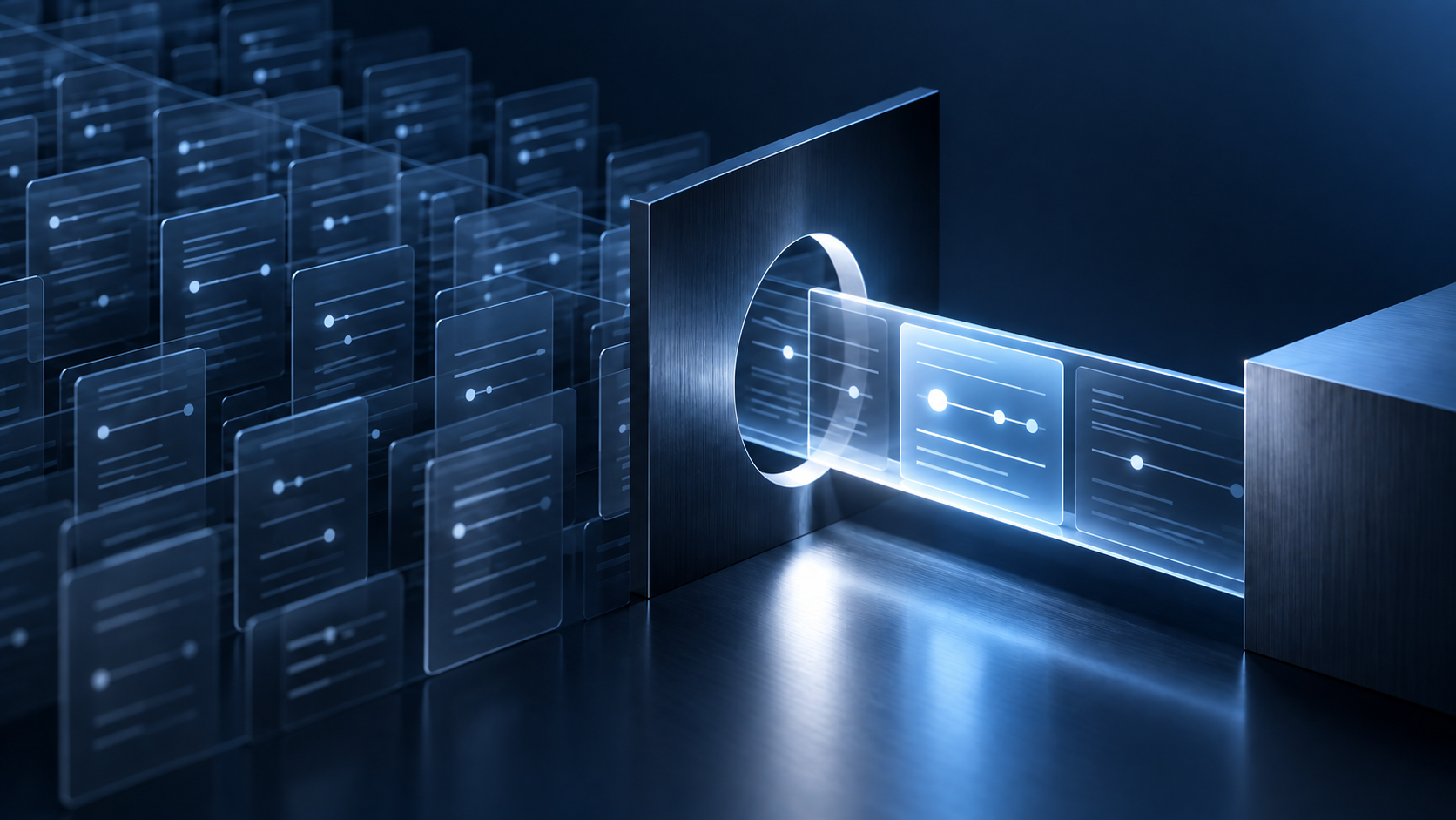 Dark navy enterprise illustration of abstract access records passing through a narrow illuminated permission boundary