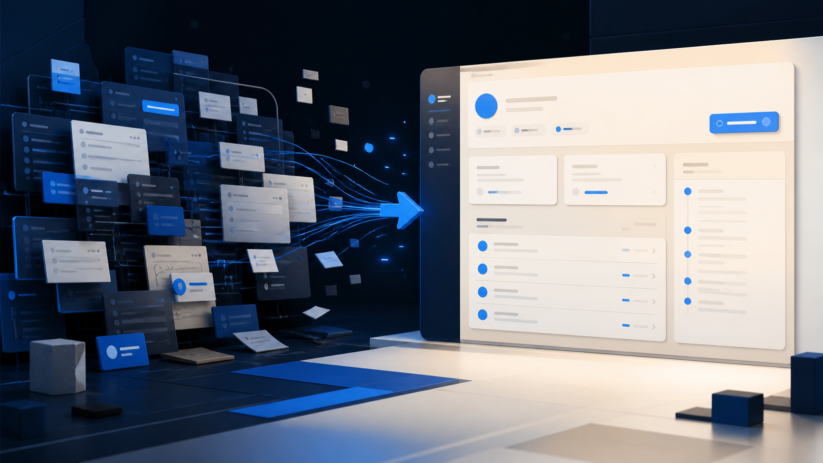 Dark navy, blue and off-white editorial illustration of a cluttered business record interface becoming a clear, focused workspace
