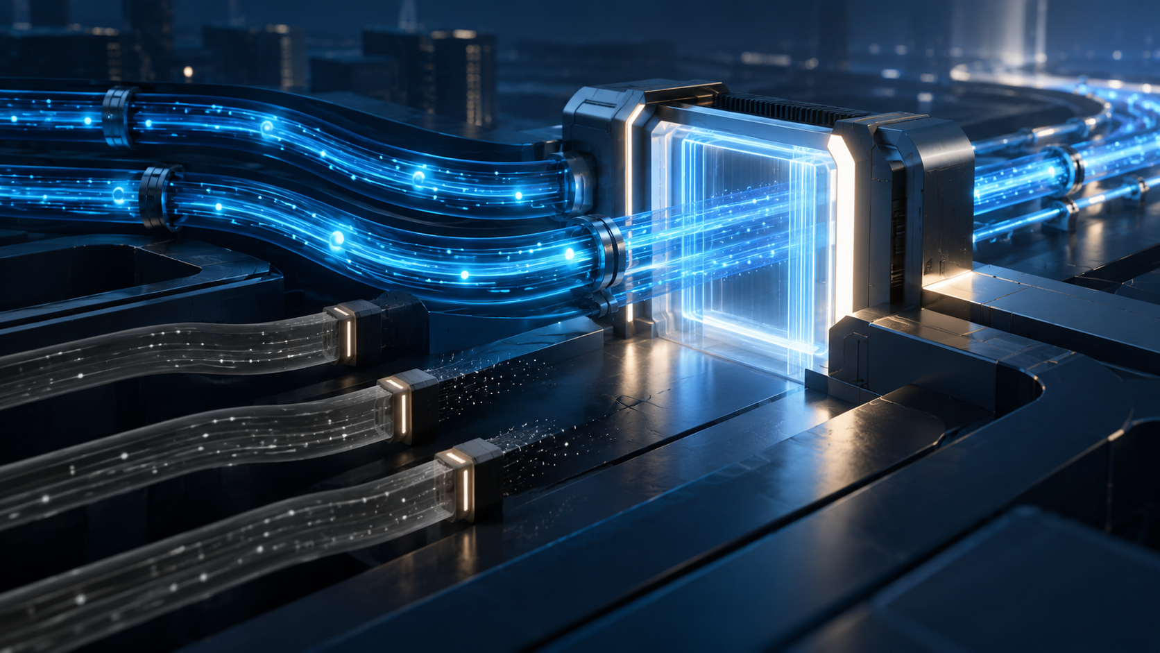 Dark navy enterprise illustration of active and dormant data conduits approaching a secure renewal gateway