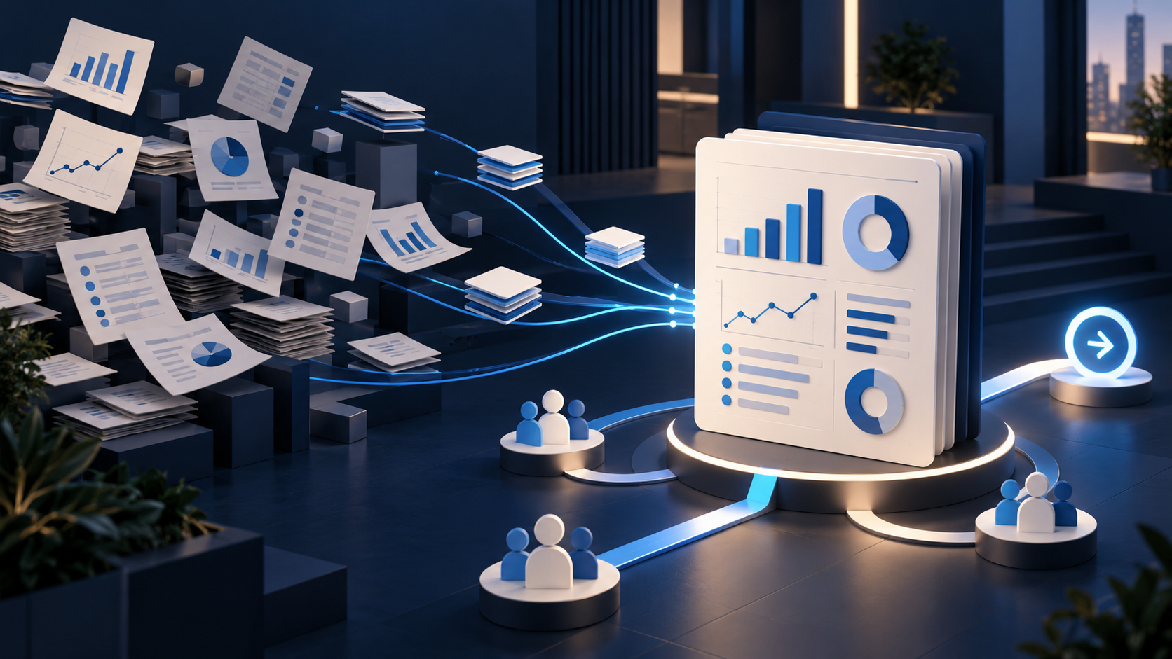 Navy and blue editorial illustration of a clear report emerging from layered business data
