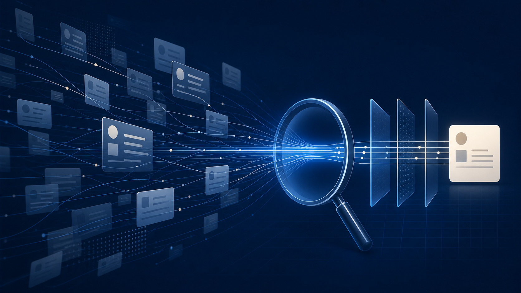 Dark navy and blue editorial illustration of scattered business records passing through a search lens to reveal one clear result