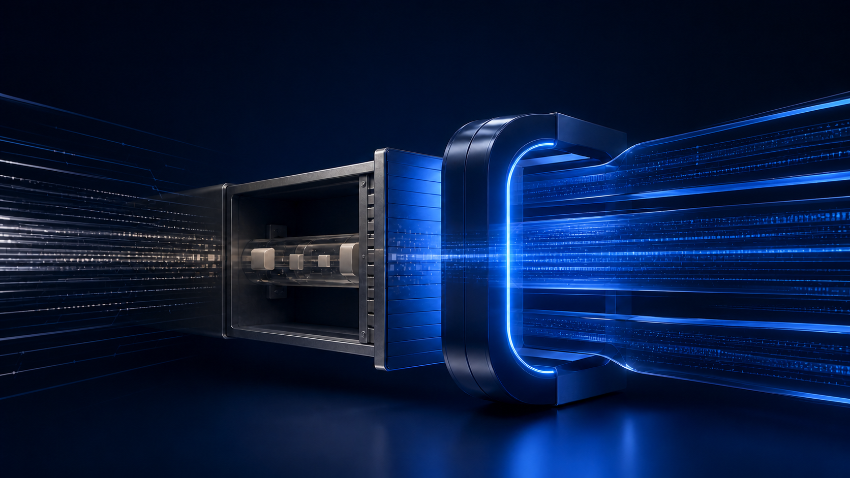 Dark navy and blue enterprise illustration of a legacy data connection passing through a modern controlled authentication gateway