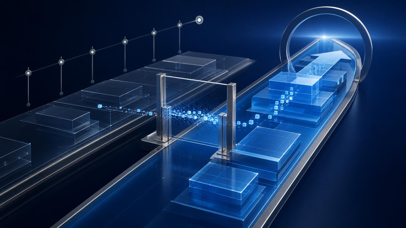Dark navy and blue enterprise illustration of two platform environments separated by a controlled release checkpoint